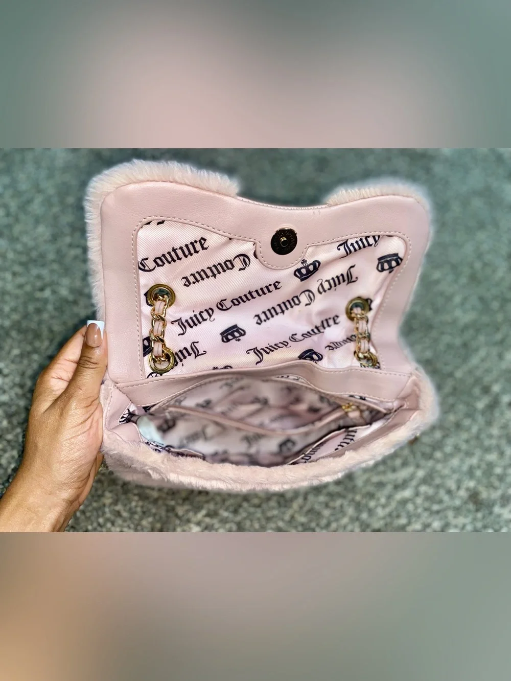 Juicy Couture Pink Faux Fur Shoulder Bag with Rose Gold Chain
